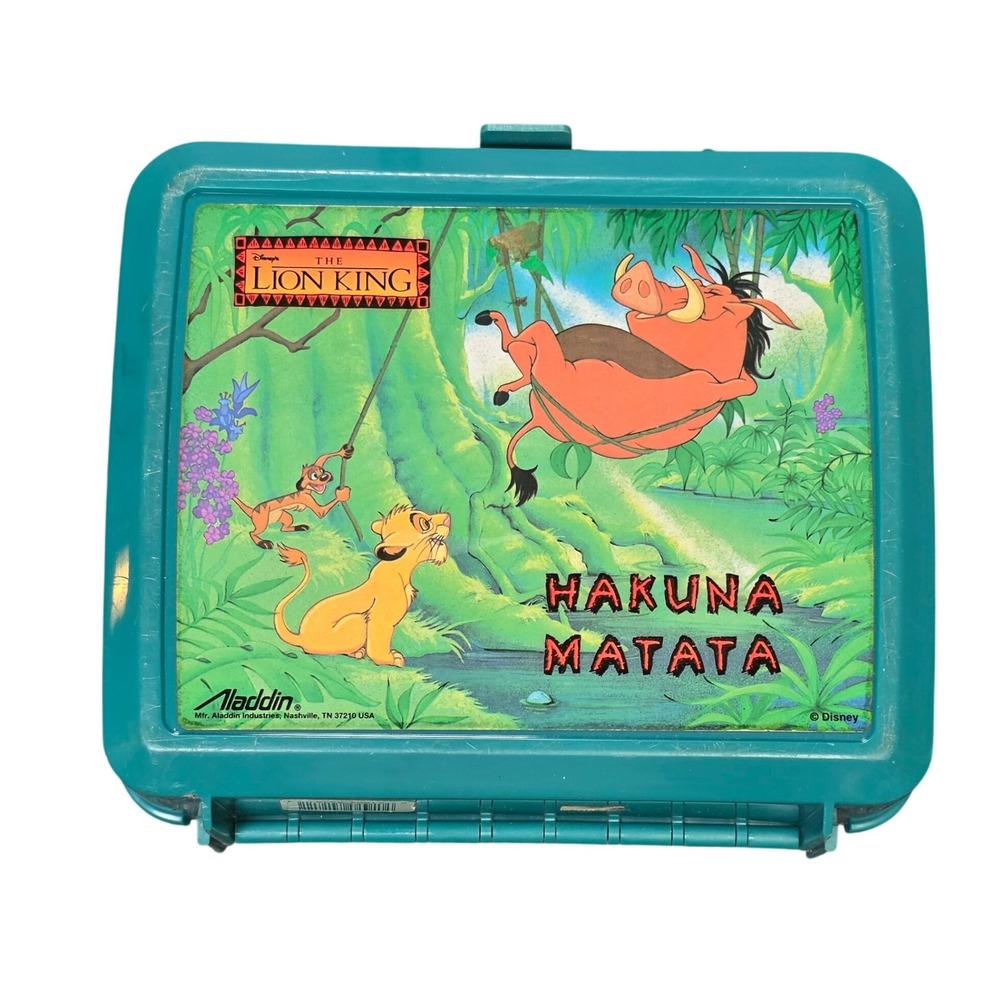 Vintage 90s Aladdin Disney The Lion King Lunch Box Hakuna Matata Teal with Cup